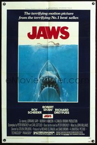 8m399 JAWS 1sh '75 artwork of Steven Spielberg's classic man-eating shark attacking sexy swimmer!