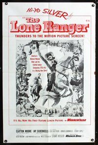 8m467 LONE RANGER military 1sh '56 cool art of Clayton Moore & Silver leaping out of the poster!