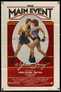 8m486 MAIN EVENT 1sh '79 great full-length image of Barbra Streisand boxing with Ryan O'Neal!