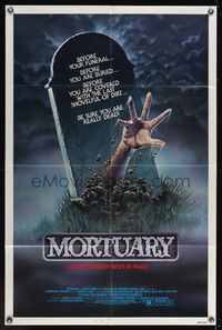 8m527 MORTUARY 1sh '84 Satanic cult, cool artwork of hand reaching up from grave!
