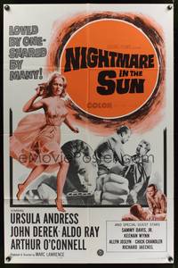 8m571 NIGHTMARE IN THE SUN 1sh '64 art of sexy Ursula Andress in dress, John Derek!