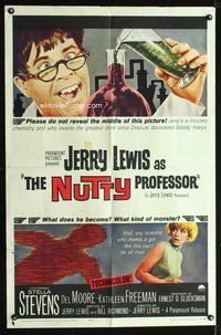 8m588 NUTTY PROFESSOR 1sh '63 wacky Jerry Lewis directs & stars w/pretty Stella Stevens!