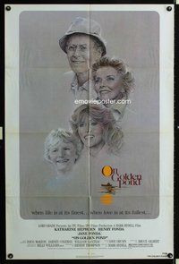 8m607 ON GOLDEN POND 1sh '81 art of Katharine Hepburn, Henry Fonda, and Jane Fonda by C.D. de Mar!