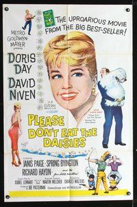 8m646 PLEASE DON'T EAT THE DAISIES 1sh '60 artwork of pretty smiling Doris Day, David Niven w/dog!