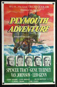 8m648 PLYMOUTH ADVENTURE 1sh '52 Spencer Tracy, Gene Tierney, cool art of ship at sea!