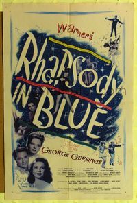 8m678 RHAPSODY IN BLUE 1sh '45 Robert Alda as George Gershwin, Al Jolson pictured!