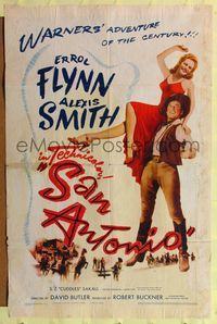 8m692 SAN ANTONIO 1sh '45 great full-length image of Alexis Smith on Errol Flynn's shoulder!