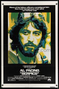 8m707 SERPICO 1sh '74 cool close up image of Al Pacino, Sidney Lumet crime classic!