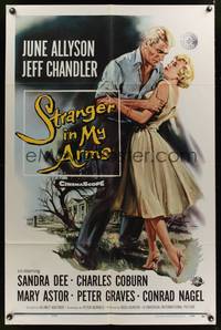 8m771 STRANGER IN MY ARMS 1sh '59 art of Jeff Chandler holding pretty June Allyson!