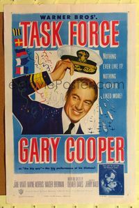8m805 TASK FORCE 1sh '49 great image of Gary Cooper in uniform tipping his hat!