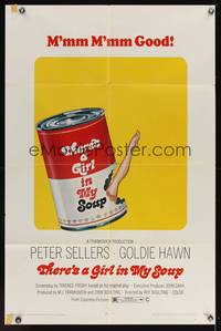 8m819 THERE'S A GIRL IN MY SOUP 1sh '71 Peter Sellers, Goldie Hawn, great Campbells soup can art!