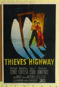 8m827 THIEVES' HIGHWAY 1sh '49 Jules Dassin, barechested truck driver Richard Conte!