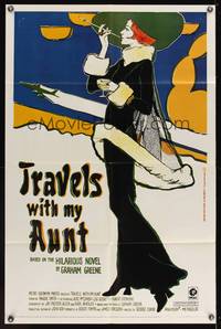 8m878 TRAVELS WITH MY AUNT 1sh '72 from Graham Greene's novel, cool Art Nouveau-style art!