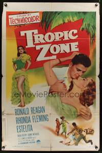 8m882 TROPIC ZONE 1sh '53 great art of Ronald Reagan romancing Rhonda Fleming, plus sexy Estelita!