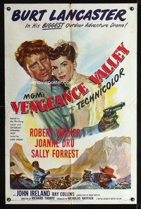 8m919 VENGEANCE VALLEY 1sh '51 art of Burt Lancaster holding Joanne Dru & pointing gun!