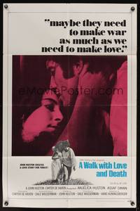 8m936 WALK WITH LOVE & DEATH int'l 1sh '69 John Huston, Anjelica Huston romantic close up!