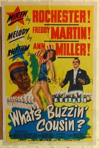 8m948 WHAT'S BUZZIN' COUSIN 1sh '43 sexy patriotic Ann Miller, Rochester & Freddy Martin!