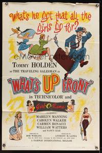 8m949 WHAT'S UP FRONT 1sh '64 Tommy Holden as bra salesman, wacky & sexy artwork!