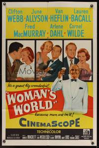 8m970 WOMAN'S WORLD 1sh '54 June Allyson, Clifton Webb, Van Heflin, Lauren Bacall, MacMurray!