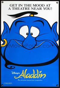 8r026 ALADDIN 1sh '92 classic Walt Disney Arabian fantasy cartoon, great close-up of Genie!