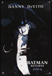 8r060 BATMAN RETURNS teaser 1sh '92 close-up of Danny DeVito as the Penguin, Tim Burton!