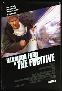 8r188 FUGITIVE advance 1sh '93 Harrison Ford is on the run from an obsessed detective!