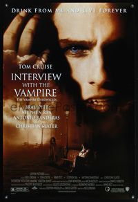 8r245 INTERVIEW WITH THE VAMPIRE 1sh '94 close up of fanged Tom Cruise, Brad Pitt, Anne Rice!