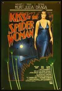 8r257 KISS OF THE SPIDER WOMAN int'l 1sh '85 cool artwork of sexy Sonia Braga in spiderweb dress!