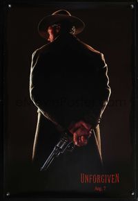 8r516 UNFORGIVEN teaser 1sh '92 classic image of gunslinger Clint Eastwood with his back turned!