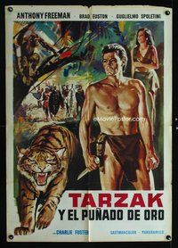 8s057 PER UNA MANCIATA D'ORO Argentinean '65 cool artwork of Tarzan w/knife, angry tiger!