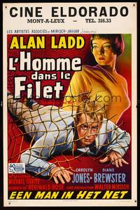 8s535 MAN IN THE NET Belgian '59 art of Alan Ladd caught in a net, Carolyn Jones!