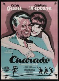 8s023 CHARADE Danish '63 great Stevenov art of Cary Grant & pretty Audrey Hepburn w/gun!