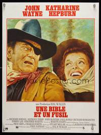 8s412 ROOSTER COGBURN French 15x21 '75 great art of John Wayne with eyepatch & Katharine Hepburn!