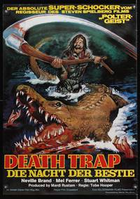 8s247 EATEN ALIVE German '77 Tobe Hooper, wild horror artwork of madman w/scythe & alligator!