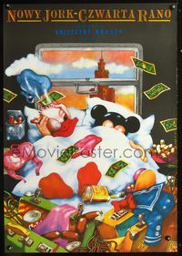 8s723 NEW YORK, 4 A.M. Polish 27x38 '88 Oblucki art of Donald Duck & unidentified mouse in bed!
