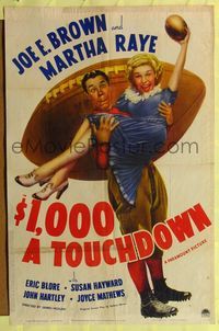8t004 $1,000 A TOUCHDOWN style A 1sh '39 great image of Joe E. Brown & Martha Raye, football!