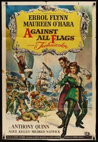 8t022 AGAINST ALL FLAGS 1sh '52 cool Brown artwork of pirate Errol Flynn w/swashbuckling O'Hara!