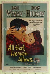 8t030 ALL THAT HEAVEN ALLOWS 1sh '55 close up romantic art of Rock Hudson & Jane Wyman!