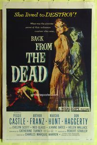 8t056 BACK FROM THE DEAD 1sh '57 Peggie Castle lived to destroy, cool sexy horror art & image!