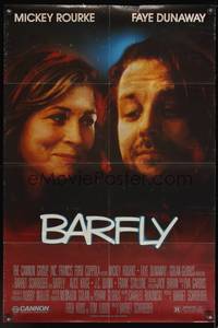 8t065 BARFLY 1sh '87 directed by Barbet Schroeder, c/u of Mickey Rourke & Faye Dunaway
