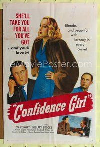 8t187 CONFIDENCE GIRL 1sh '52 bad girl Hillary Brooke wants to give Tom Conway a hard time!