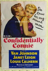 8t188 CONFIDENTIALLY CONNIE 1sh '53 great romantic art of sexy Janet Leigh & Van Johnson!