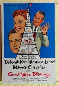 8t194 COUNT YOUR BLESSINGS 1sh '59 Deborah Kerr, Rossano Brazzi & Maurice Chevalier in Paris!