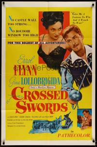 8t204 CROSSED SWORDS 1sh '53 Errol Flynn & sexy Gina Lollobrigida, Italy's Marilyn Monroe!