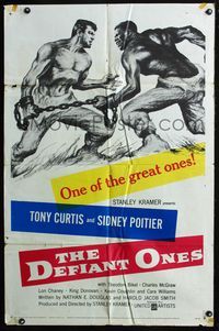 8t235 DEFIANT ONES 1sh '58 Tony Curtis & Sidney Poitier are escaped cons chained together!