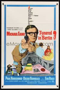 8t332 FUNERAL IN BERLIN 1sh '67 cool art of Michael Caine pointing gun, directed by Guy Hamilton!