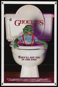 8t347 GHOULIES 1sh '85 wacky horror image of goblin in toilet, they'll get you in the end!
