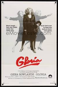 8t355 GLORIA 1sh '80 John Cassavetes, Gena Rowlands close up & full-length with gun!