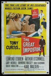 8t373 GREAT IMPOSTOR 1sh '61 Tony Curtis as Waldo DeMara, who faked being a doctor, warden & more!