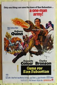 8t386 GUNS FOR SAN SEBASTIAN 1sh '68 artwork of one-man army Anthony Quinn as he fires cannon!